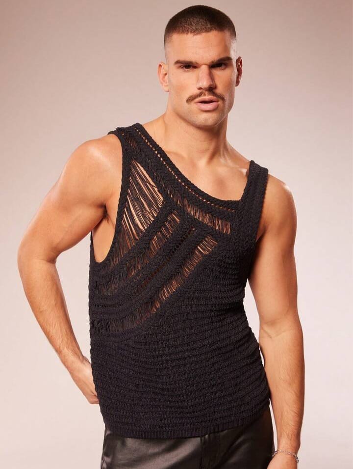 Men's Solid Color Asymmetric Neckline Sheer Sleeveless Vests